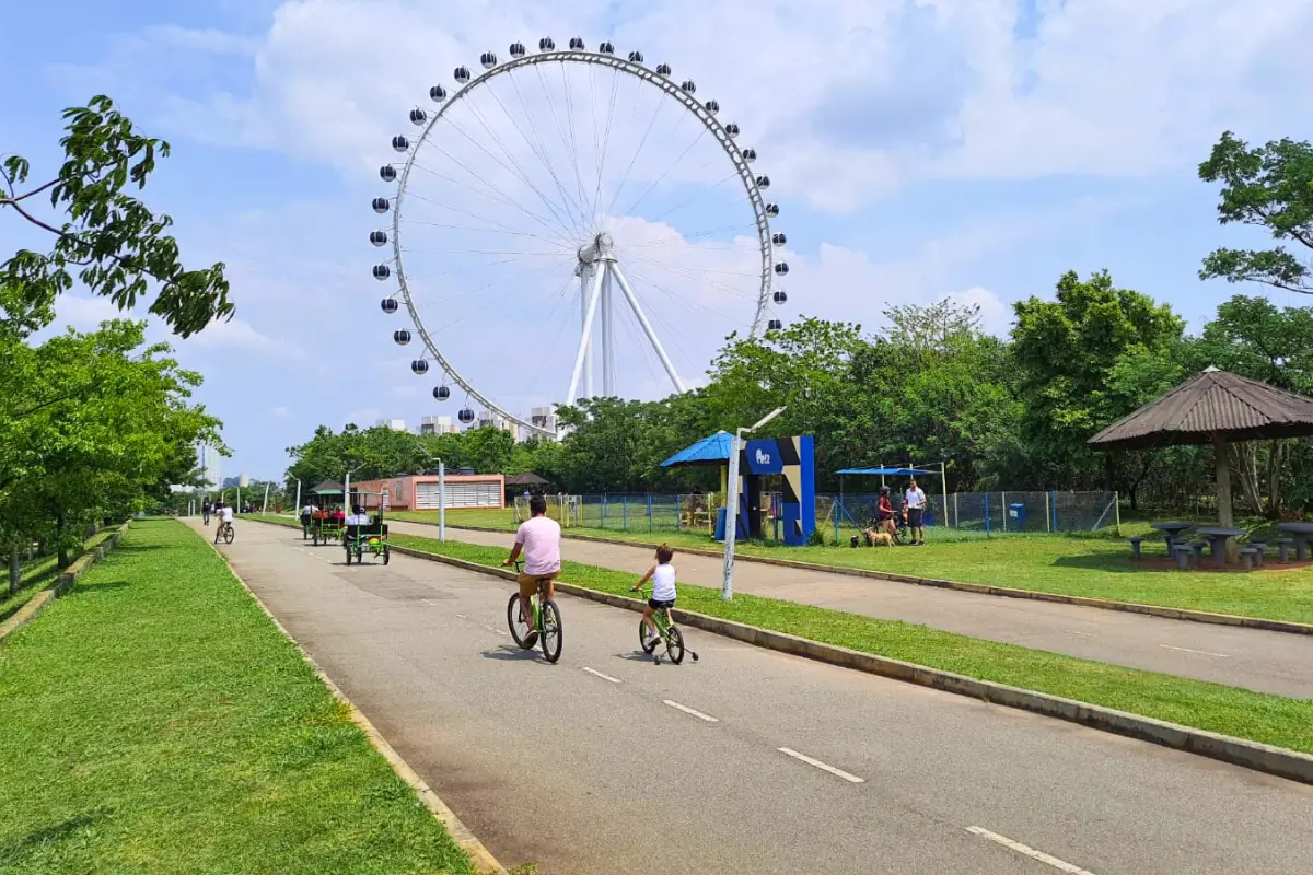 Imagem de uma roda gigante alta no Parque Villa Lobos em São Paulo, com pessoas andando de bicicleta em uma pista arborizada ao lado.