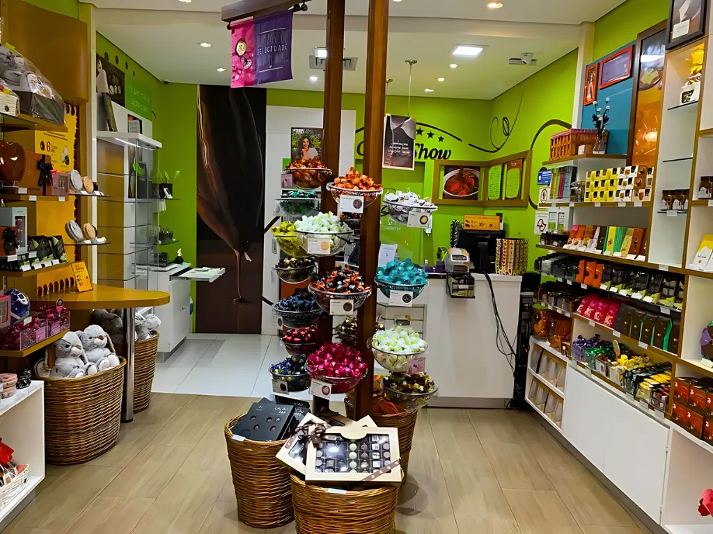 Interior de uma loja da Cacau Show, decorada com paredes verdes e repleta de cestas e prateleiras com uma ampla variedade de chocolates e produtos relacionados, exibindo um ambiente colorido e atraente.