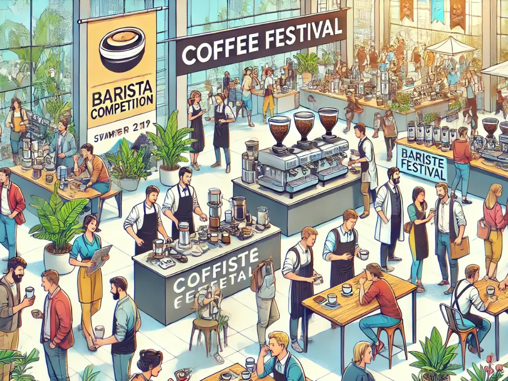 Ilustração colorida de um festival de café com diversas pessoas participando de uma competição de baristas e experimentando diferentes tipos de café, em um ambiente moderno e vibrante com banners promocionais.