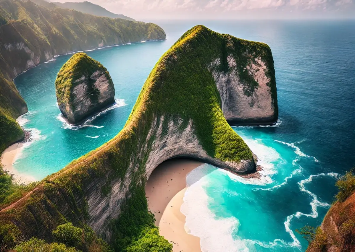 foto realista representando a praia de Kelingking em Nusa Penida, na Indonésia, que captura as falésias dramáticas e as deslumbrantes águas azul-turquesa