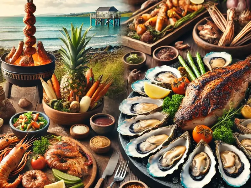 Pratos típicos de Tauranga com frutos do mar frescos e comida tradicional Maori Hangi, servidos em uma mesa com tema costeiro.