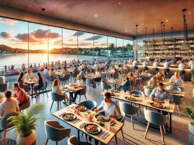 Restaurante movimentado em Tauranga ao pôr do sol, com clientes desfrutando de pratos locais e internacionais, e uma vista espetacular da costa através de janelas panorâmicas.