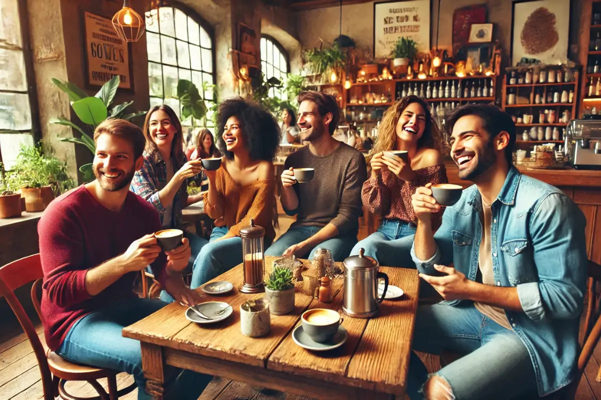 Grupo diversificado de amigos sorridentes desfrutando de café em uma cafeteria acolhedora com móveis de madeira e decoração de plantas internas, promovendo uma atmosfera amigável e descontraída.