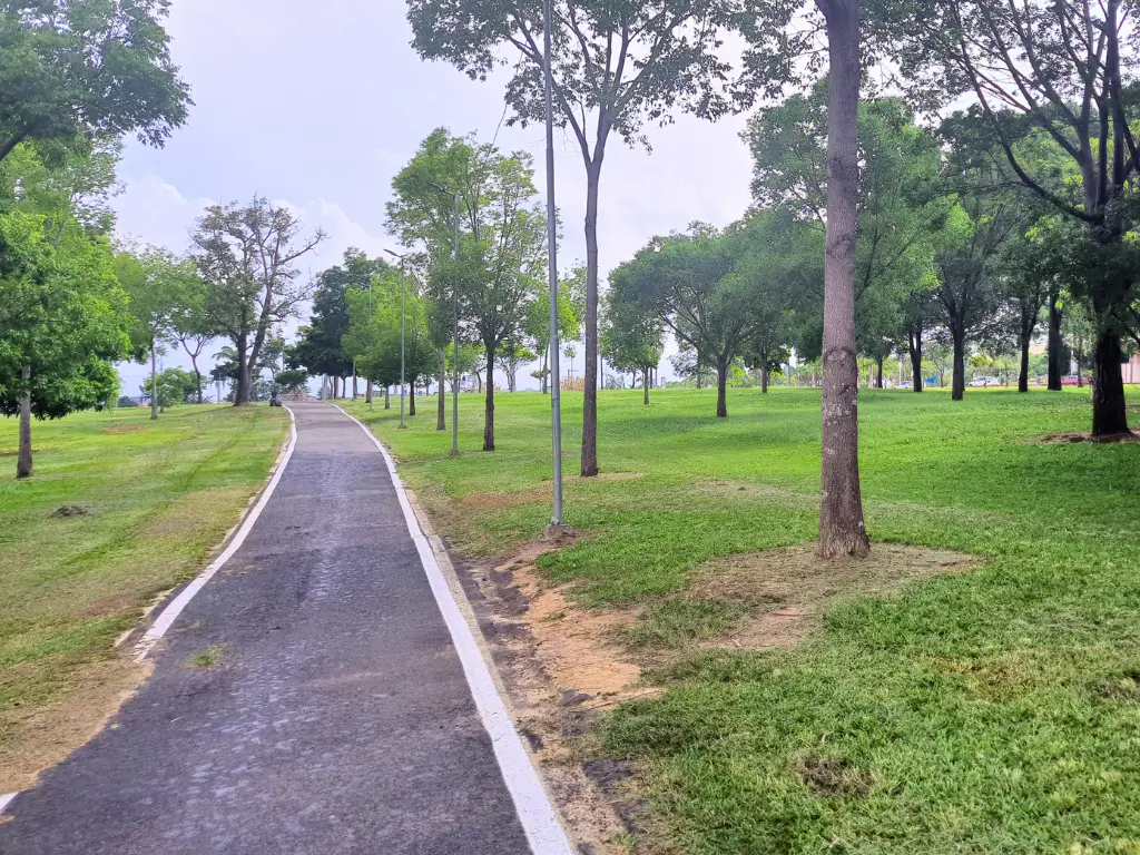 Caminho pavimentado com faixa de corrida atravessando um parque verdejante com árvores e gramados, e um lago ao fundo em um dia nublado.