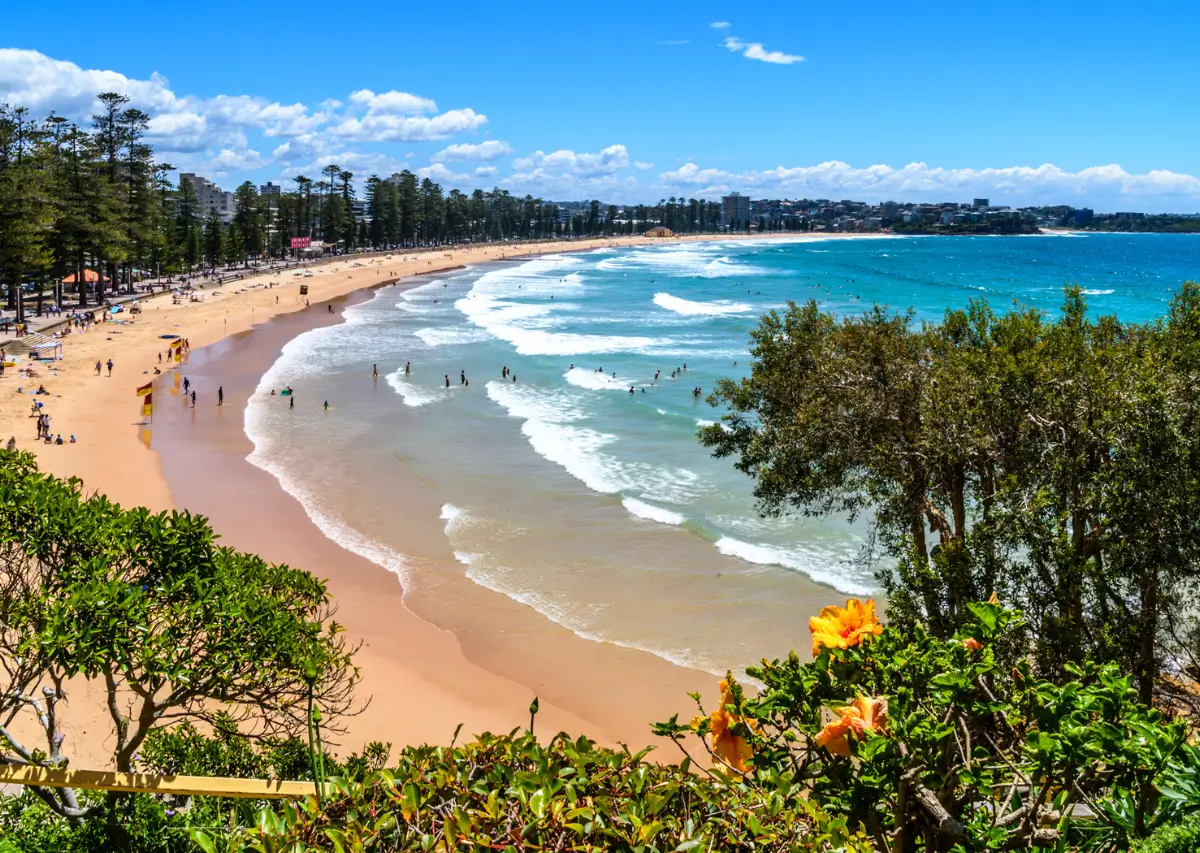 Vista panorâmica de uma praia com areia dourada e águas azuis, cercada por árvores e flores, com pessoas desfrutando do sol e do mar.