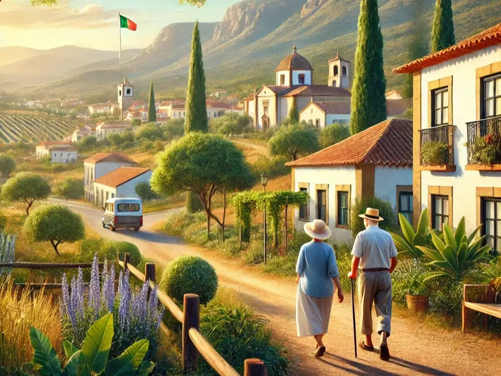 Idoso casal caminha de mãos dadas em uma estrada rural pitoresca em uma vila mediterrânea, com casas tradicionais, uma igreja ao fundo e uma paisagem montanhosa.