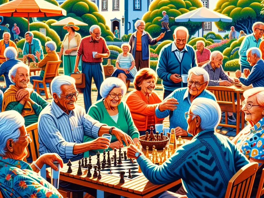 Grupo animado de idosos jogando xadrez e socializando ao ar livre em um parque, com árvores e mesas sob guarda-sóis. Alguns riem e conversam enquanto outros jogam e observam.