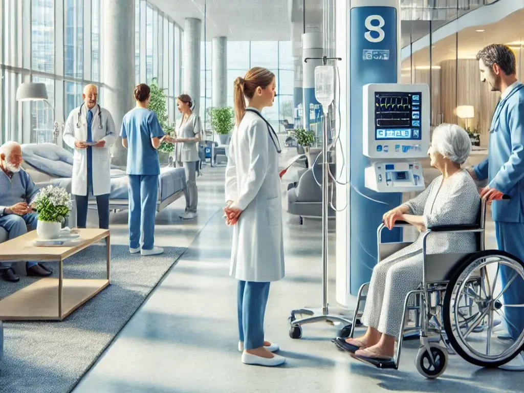 Hospital moderno com profissionais de saúde e pacientes. Uma médica observa uma paciente idosa em uma cadeira de rodas, em um ambiente hospitalar bem iluminado e equipado com tecnologia de ponta.