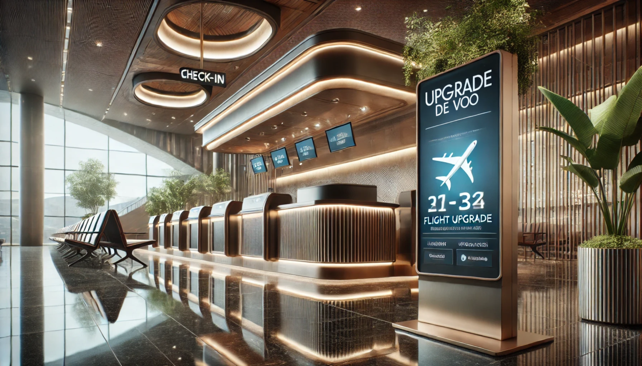 A imagem representa o “Upgrades de Voo” em uma tela digital no balcão de check-in de uma companhia aérea de luxo.