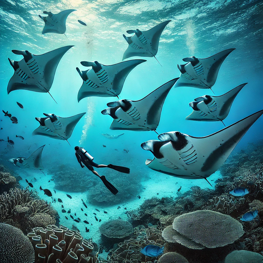 Foto realista que representa a cena subaquática na Baía de Manta, em Nusa Penida, na Indonésia. A imagem apresenta um mergulhador rodeado por majestosas arraias manta, destacando a interação serena e respeitosa entre os humanos e a vida marinha.