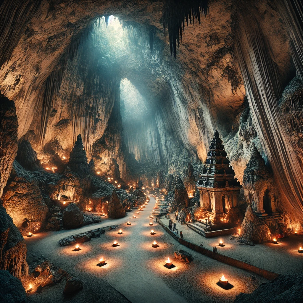 Aqui está uma foto realista que retrata o interior da Caverna Giri Putri em Nusa Penida, Indonésia. A imagem captura a atmosfera mística e serena dentro da caverna, iluminada por uma iluminação sutil, com dramáticas estalactites e estalagmites realçando o significado espiritual e histórico do local.