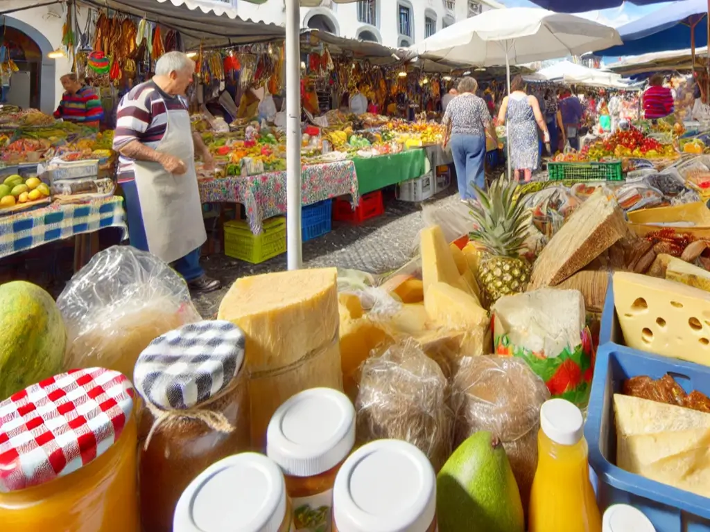 Imagem realista de uma feira gastronômica brasileira movimentada, com barracas variadas exibindo produtos típicos como frutas tropicais frescas, queijos locais, linguiças caseiras e potes de mel. A cena capta a atmosfera vibrante e colorida da feira, com compradores e vendedores interagindo sob toldos coloridos.