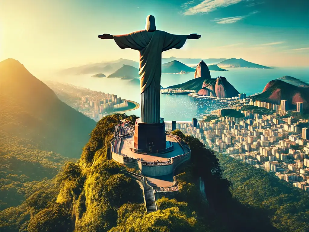 Vista icônica do Cristo Redentor sobre o Rio de Janeiro, com a paisagem urbana e montanhas verdes sob um céu azul claro, simbolizando paz e abertura.