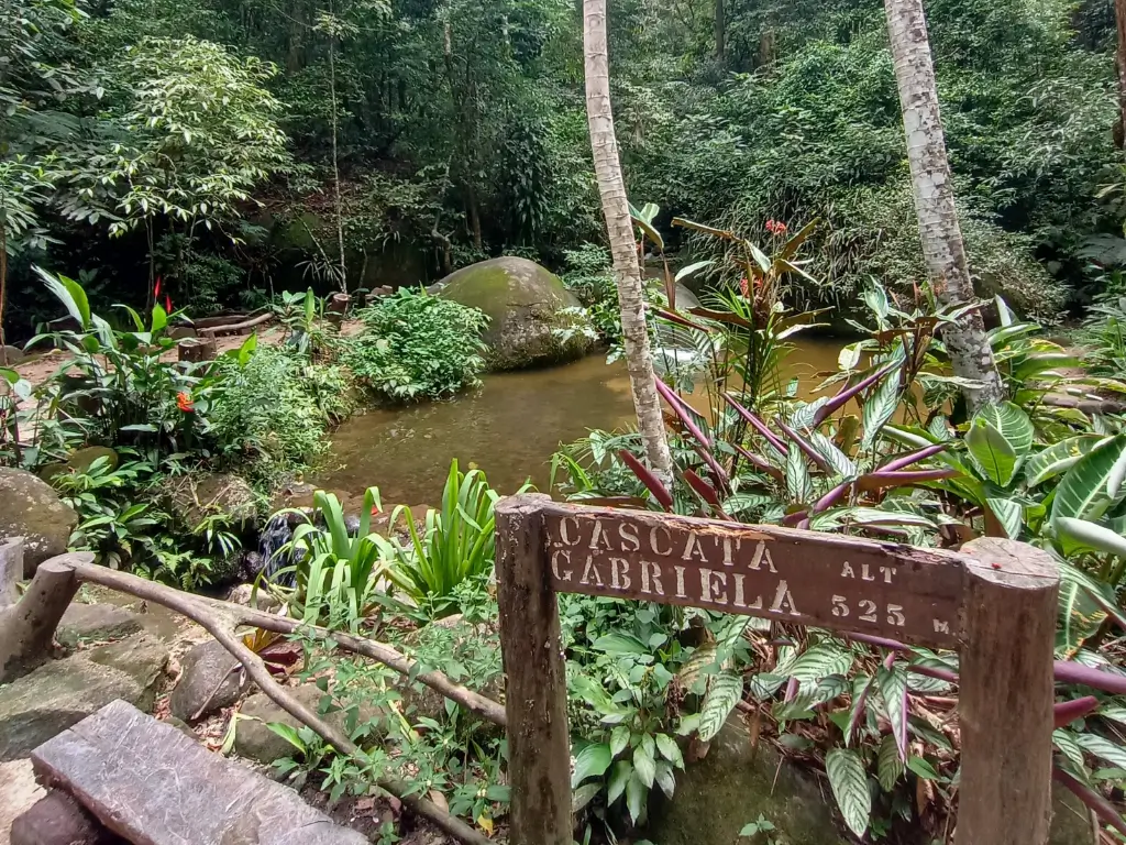 Foto de uma trilha na Floresta da Tijuca, mostrando uma placa de madeira indicando "Cascata Gabriela - Alt 525 m" com um pequeno riacho e vegetação densa ao fundo.