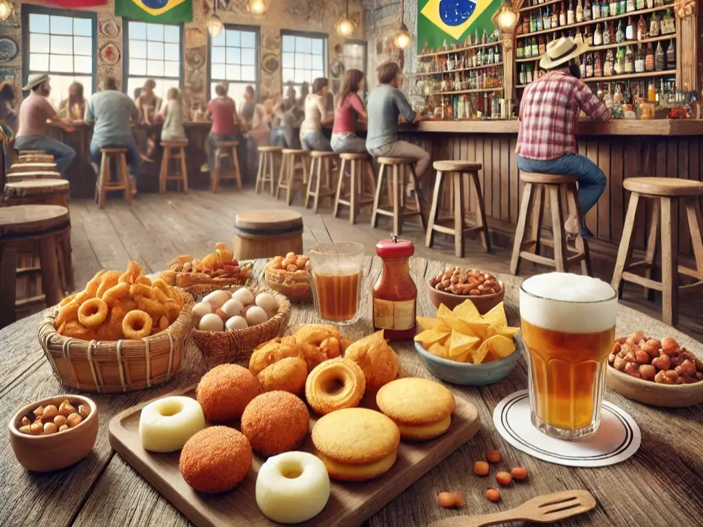 Imagem realista de um boteco brasileiro animado, mostrando uma mesa de madeira rústica com petiscos populares como pastéis, bolinhos de bacalhau e picanha fatiada. O fundo inclui um bar com bancos de madeira e decoração colorida, com clientes desfrutando do ambiente.