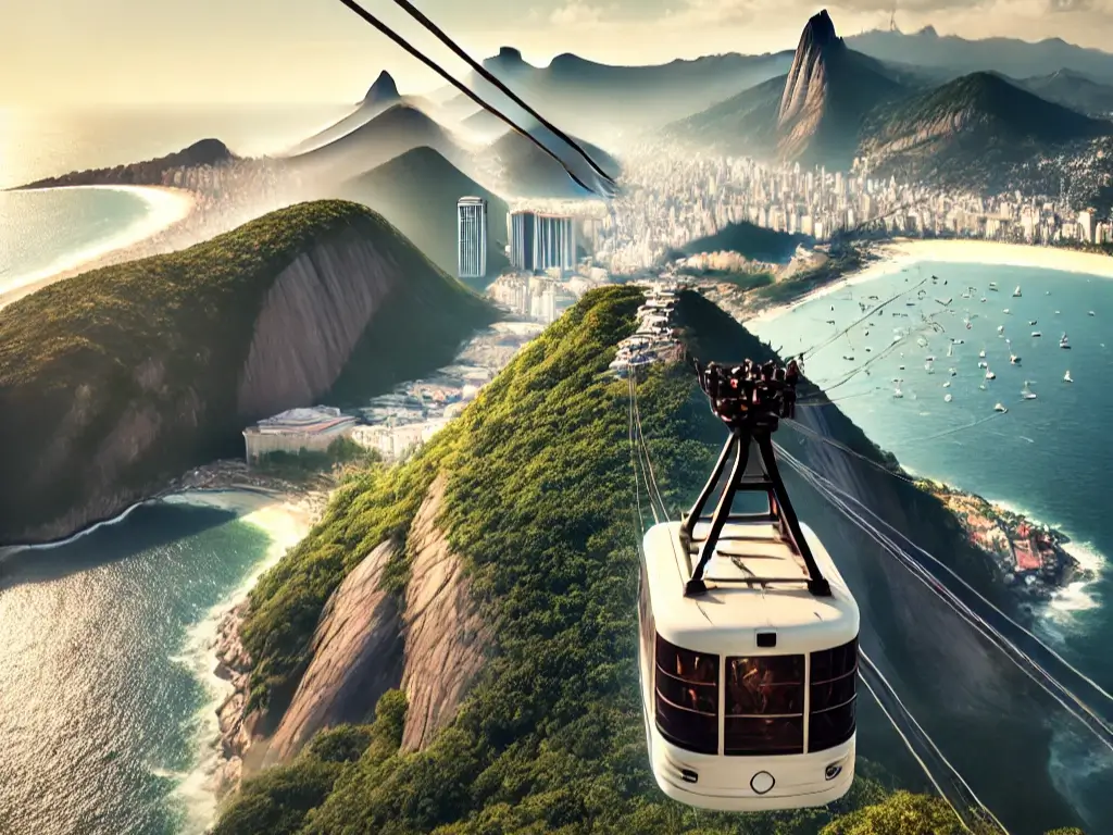 Lugares do Rio de Janeiro mais fascinantes. Imagem realista do bondinho do Pão de Açúcar em movimento com um pano de fundo impressionante do Rio de Janeiro, incluindo praias e oceano Atlântico em um dia ensolarado.